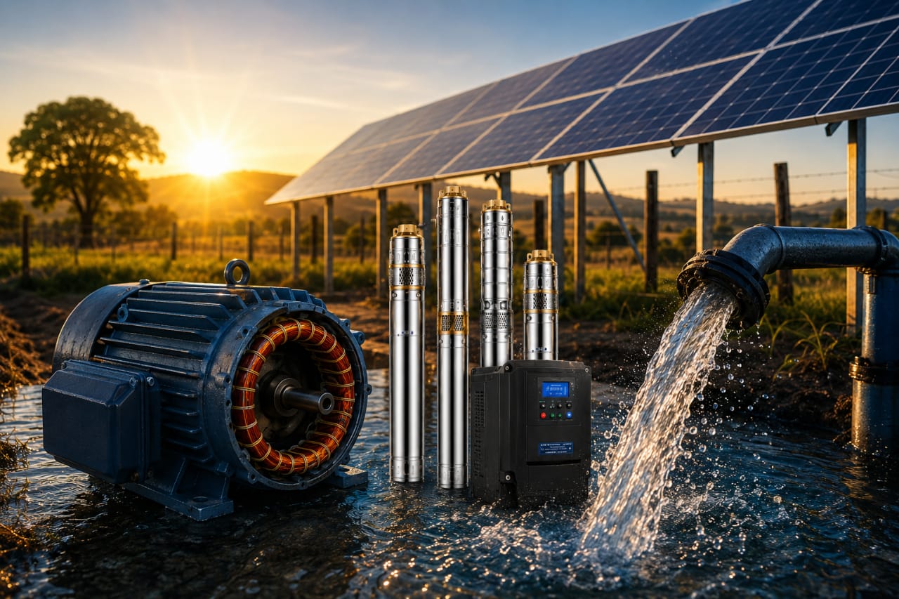 Sistema de bomba solar submersa em fazenda ao pôr do sol